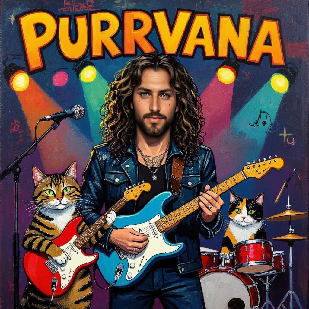 Rock Band Purrvana: Oil Painting of Human and Cats