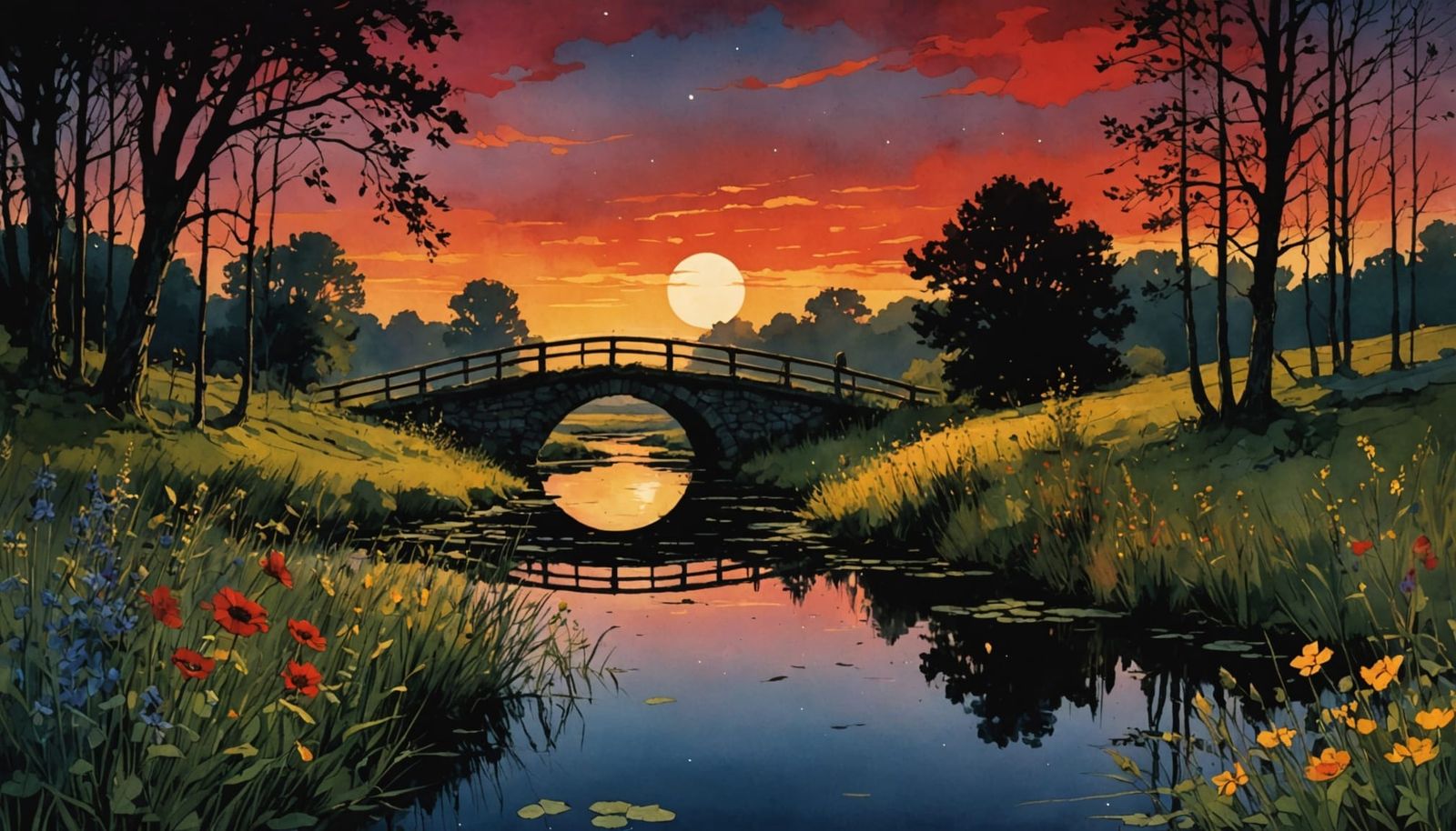 Dramatic Eclipse Over Swamp as Vibrant Watercolor
