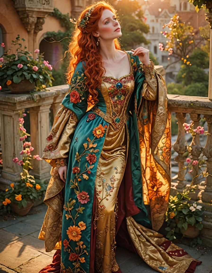 Red-Haired Faerie Enchantress on Flowery Palace Balcony