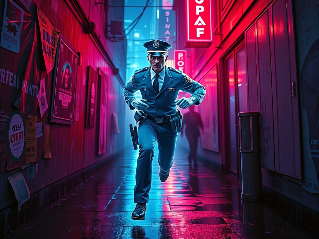 Futuristic Policeman Pursues Shadowy Fugitive through Rain-S...