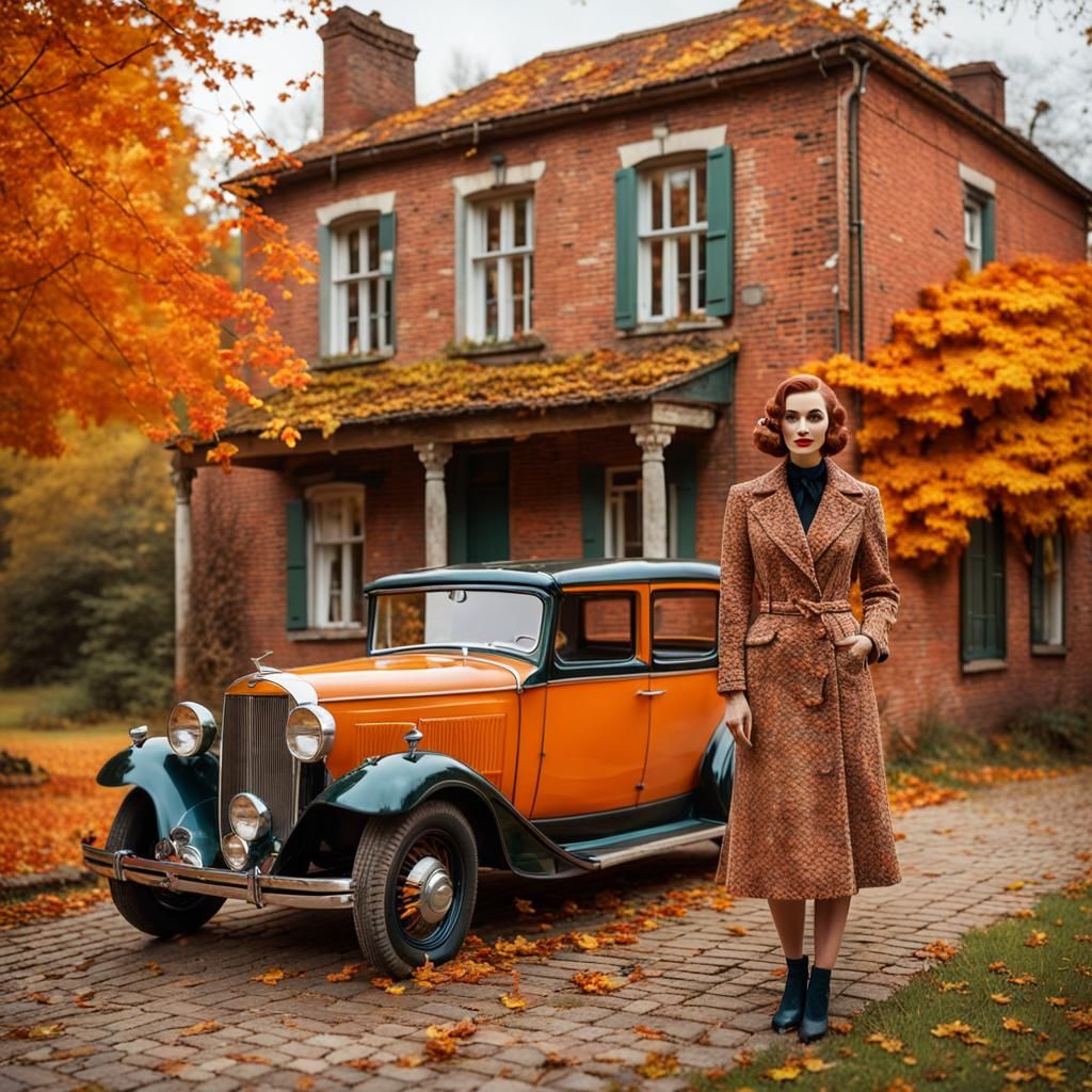 Vintage Model in Autumn Scene with Fantasy Figurines