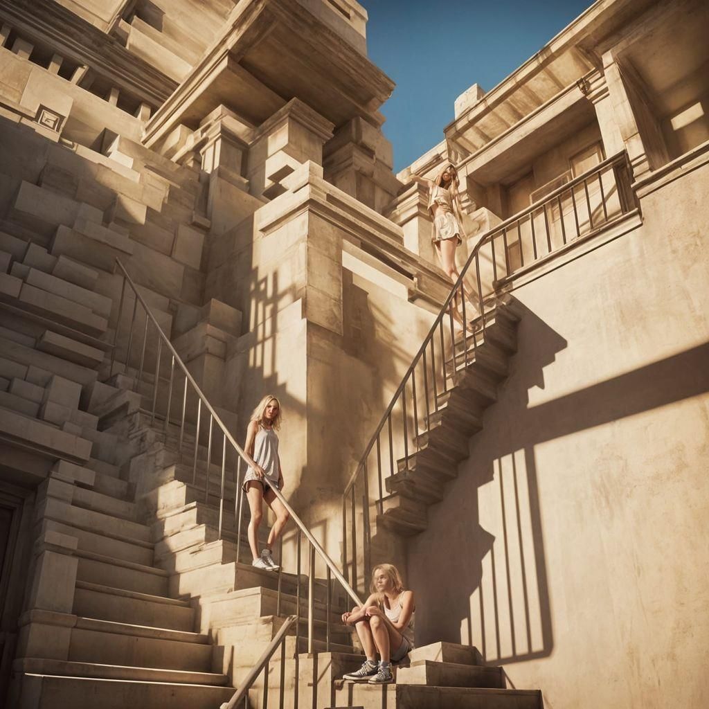 Girl on Escher Stairs in Photo-Realistic Style