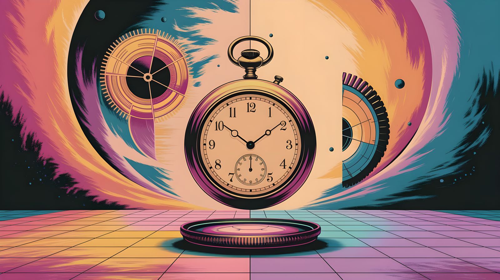 Surreal Time Travel Paradox in Pop Art Style