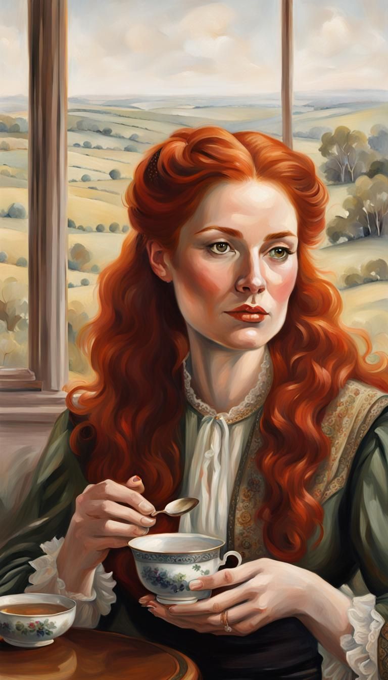 Oil Painting: Red-Haired Woman with Tea