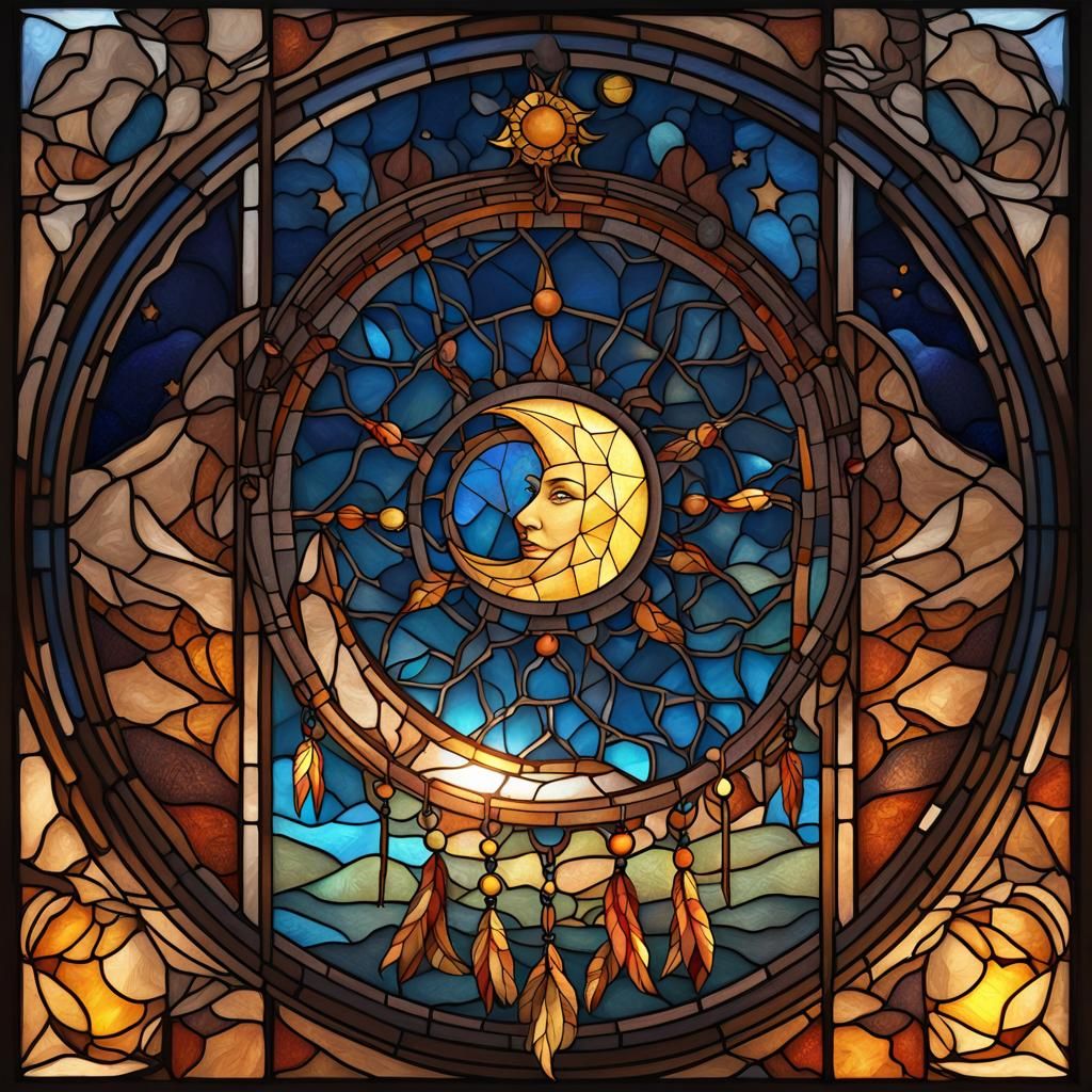 Stained Glass Dream Catcher of Moon and Sun