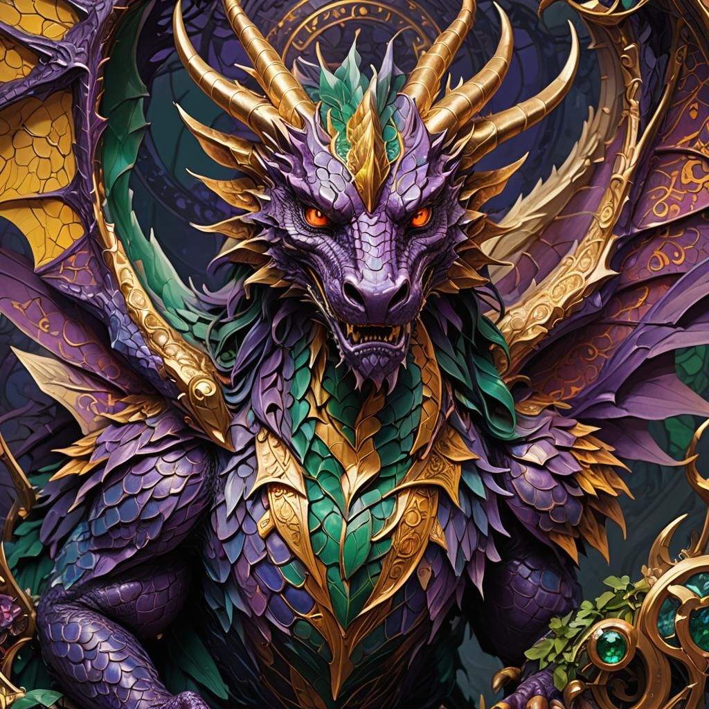 Mythical Dragon Spreads Wings in Ornate Art Nouveau Style