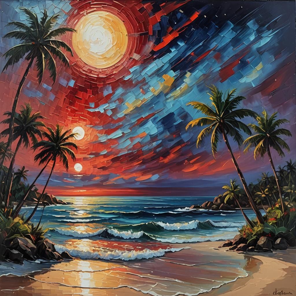 Red Ocean at Night: Neo-Impressionist Expressionism