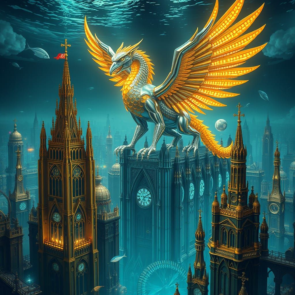 Bioluminescent Griffin Perched Above Submerged Art Deco City
