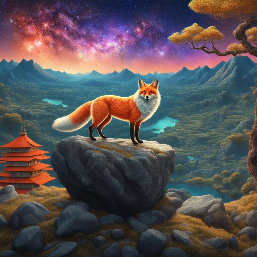 Nine-Tailed Fox Gazing at Stars in 3D Render