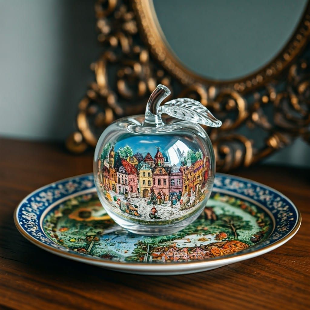 Enameled Crystal Apple Figurine Reflecting Miniature Town
