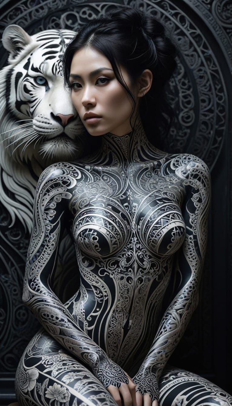 East Asian Woman with Tiger in Art Nouveau Giger Style