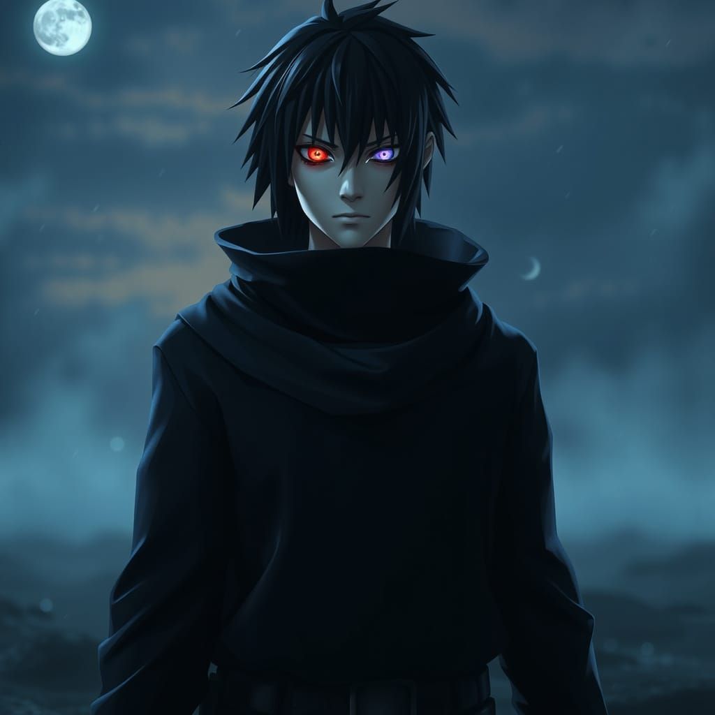 Surreal Sasuke Uchiha Stands Vigilant in Dark, Misty Twiligh...