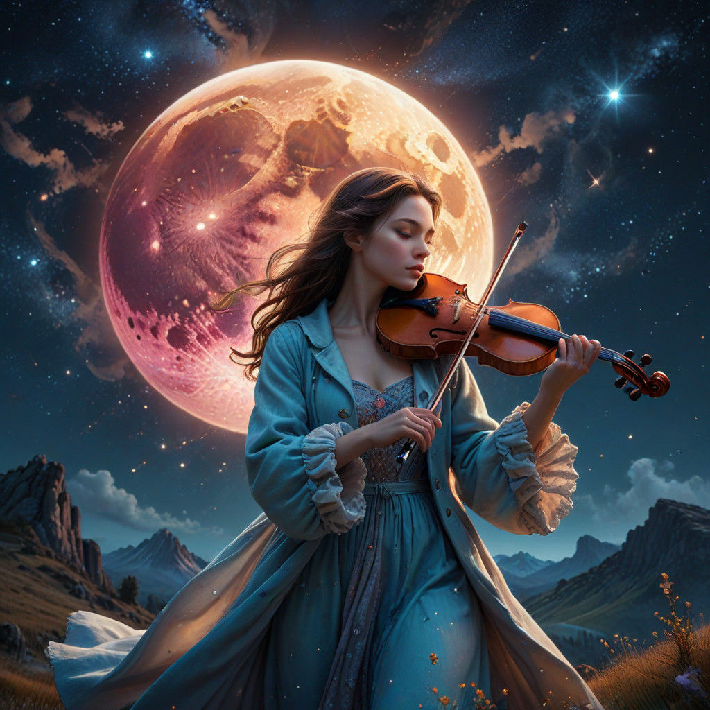 Sultry Violinist Serenades Under a Celestial Glow