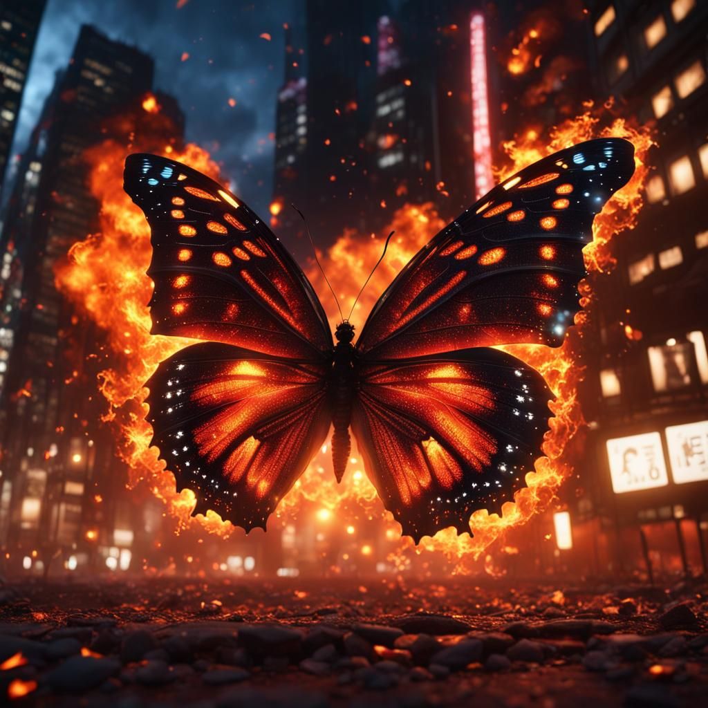 Fiery Butterfly in Tokyo Night, Fantasy Art