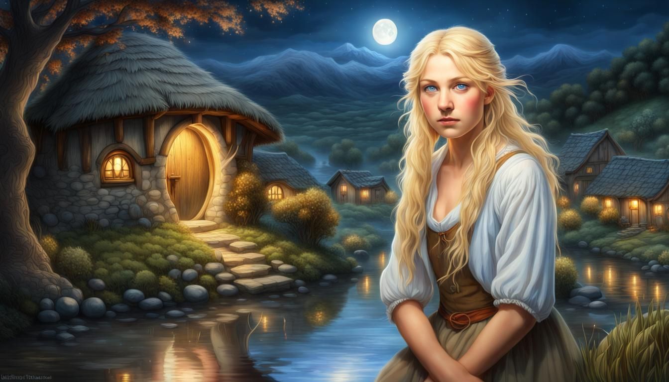 Blonde Woman in Hobbit Village Under Moonlight
