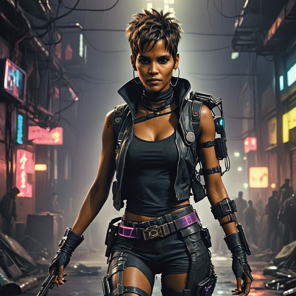 Halle Berry dressed in a cyberpunk style.