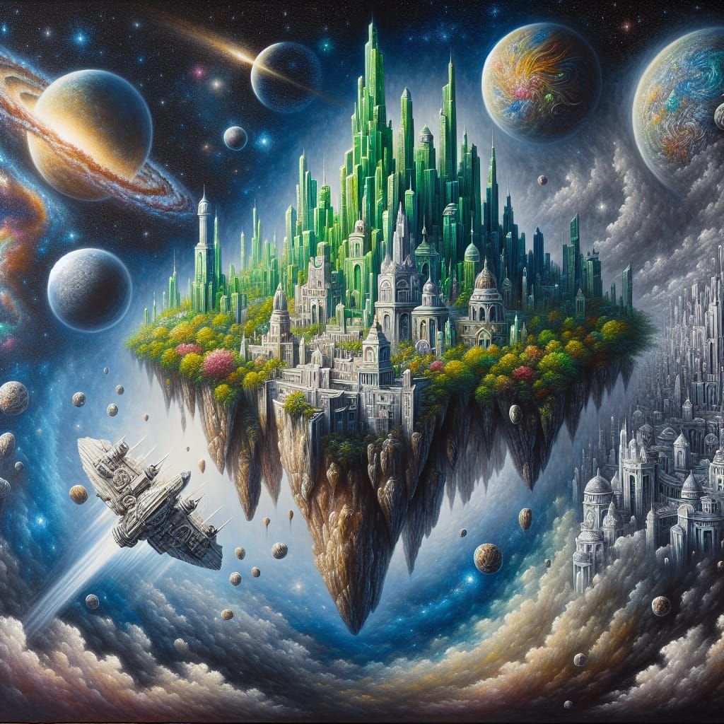 Epic Acrylic Painting of Floating Emerald City in Space