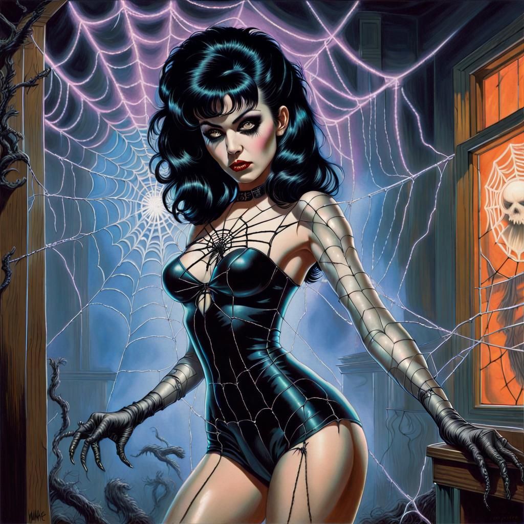 Vintage Deathrock Girl with Spiderweb in 80s Style