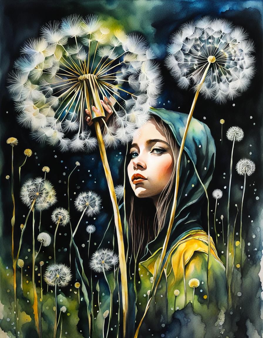 Dandelion Girl in Surreal Mixed Media Style