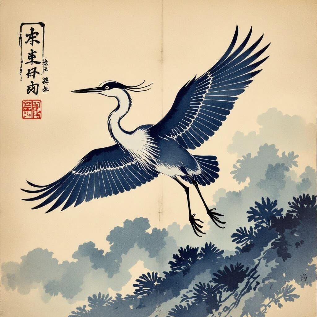 Japanese Heron Kamon Crest in Hokusai Style