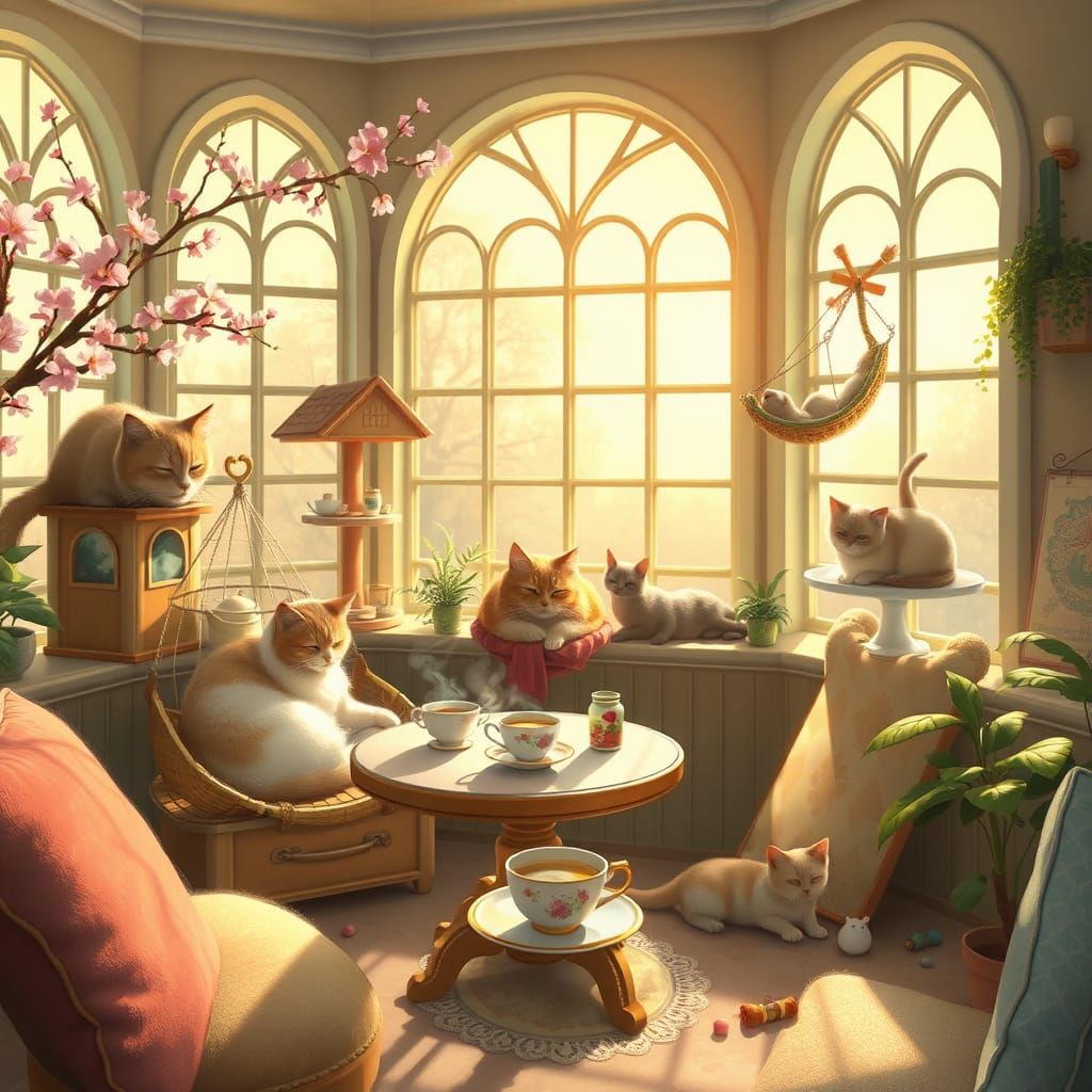 Whimsical Cat Café in Dreamy Impressionist Style