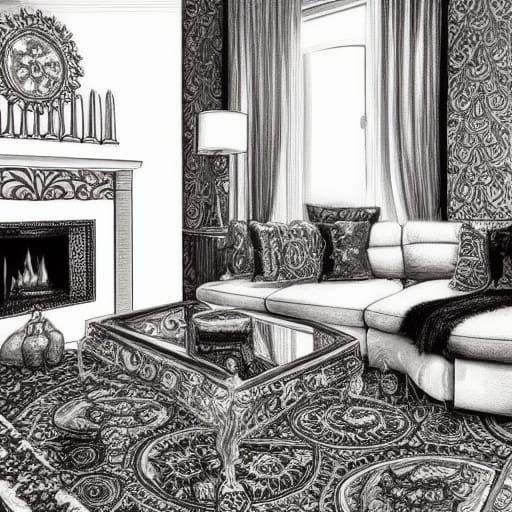 Luxurious Ornate Living Room Charcoal Drawing