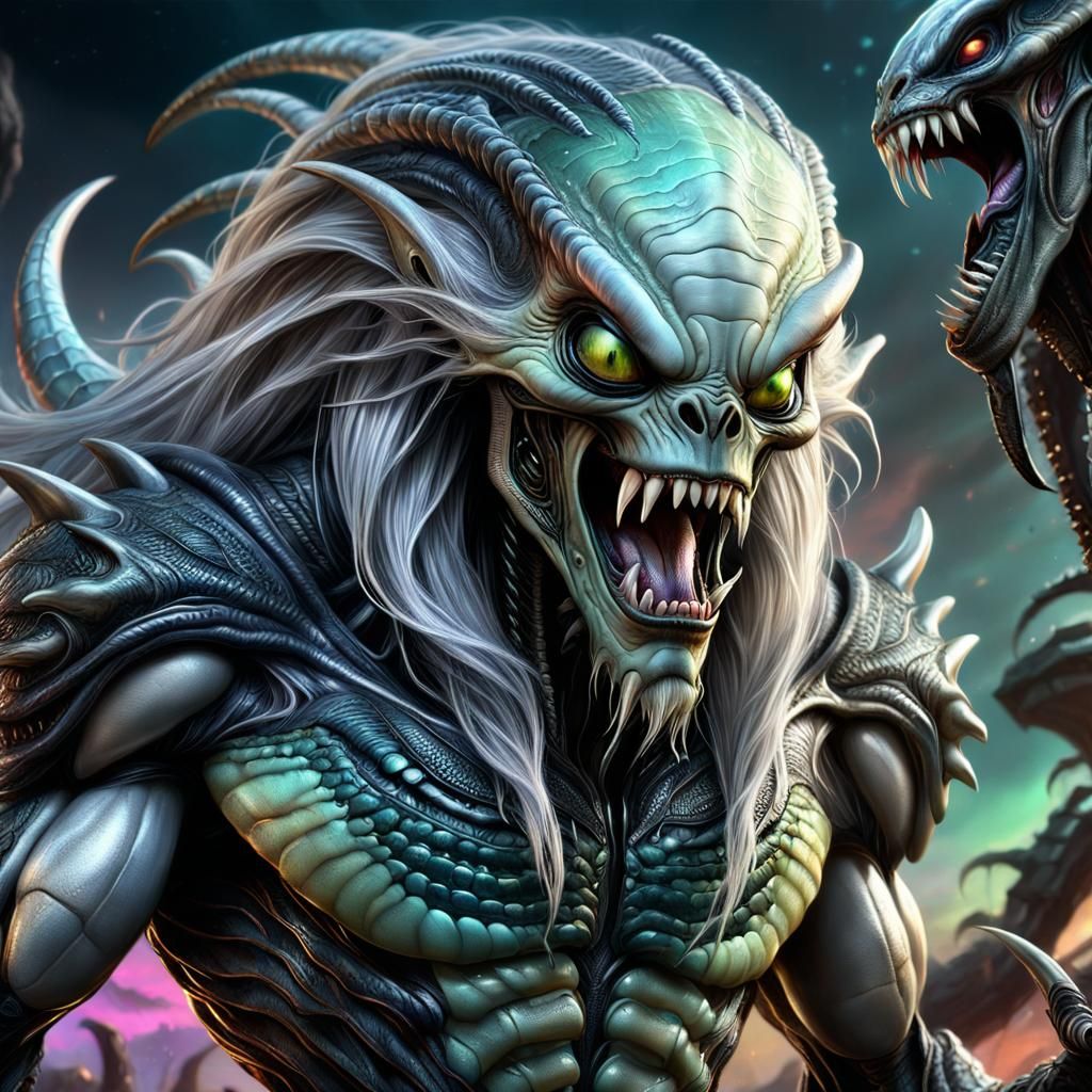 Hyperrealistic Alien with Scales and Silver Hair