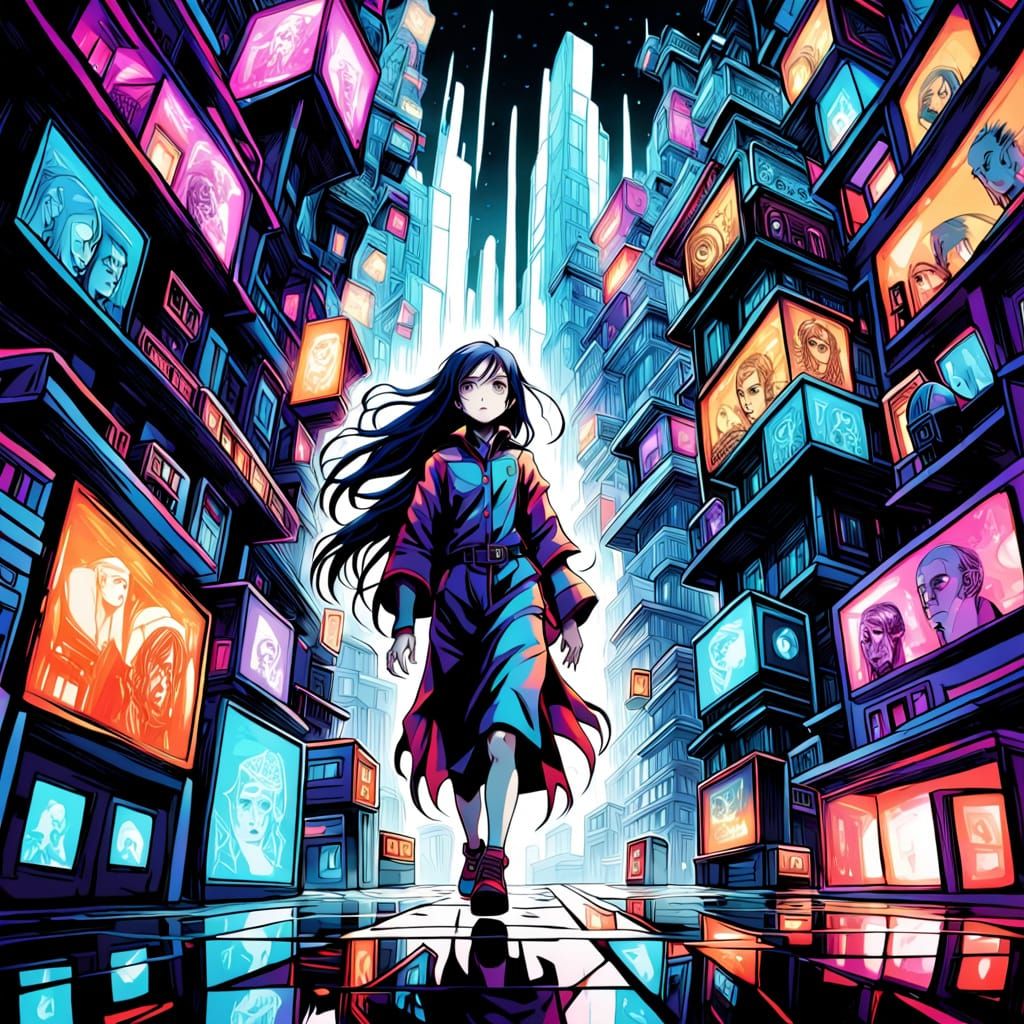 Distorted Anime Goddess in Haunting Cityscape