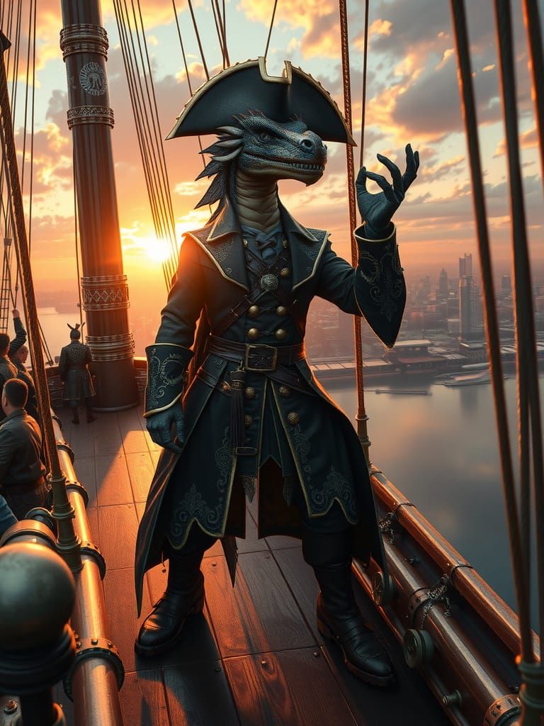 Dragon Pirate Captain on Steampunk Airship