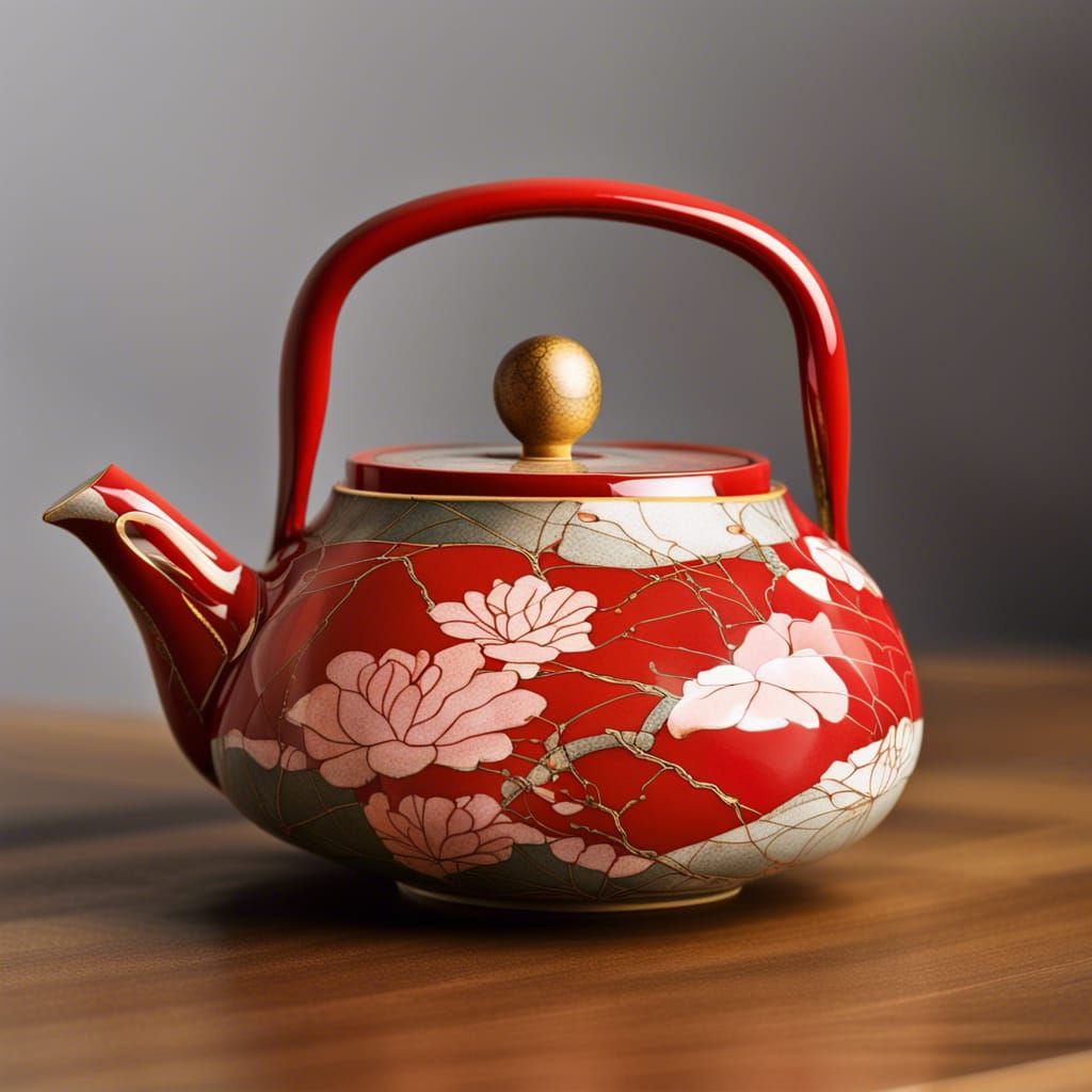 Kintsugi Teapot with Red Floral Design