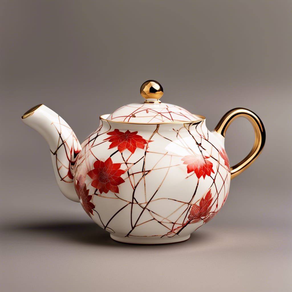 Kintsugi Teapot with Red Floral Design