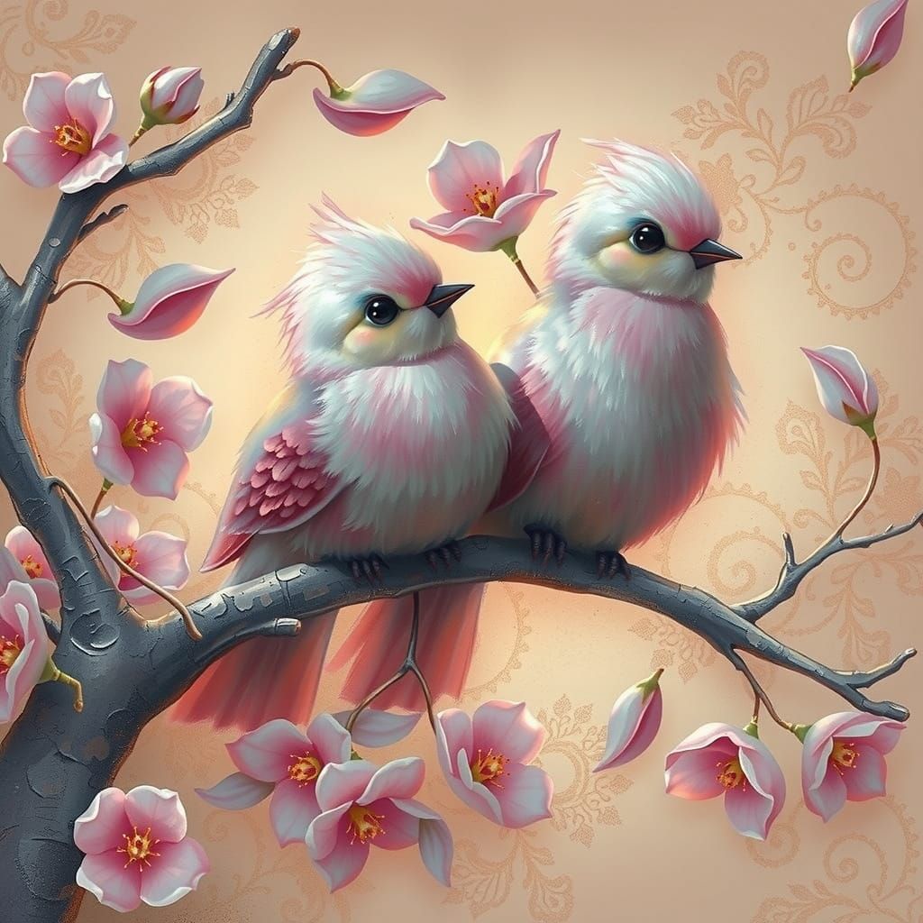 Two exquisite pink doves, adorned with soft, downy tufts of feathers atop their heads, sit poised on a slender, curly tr...