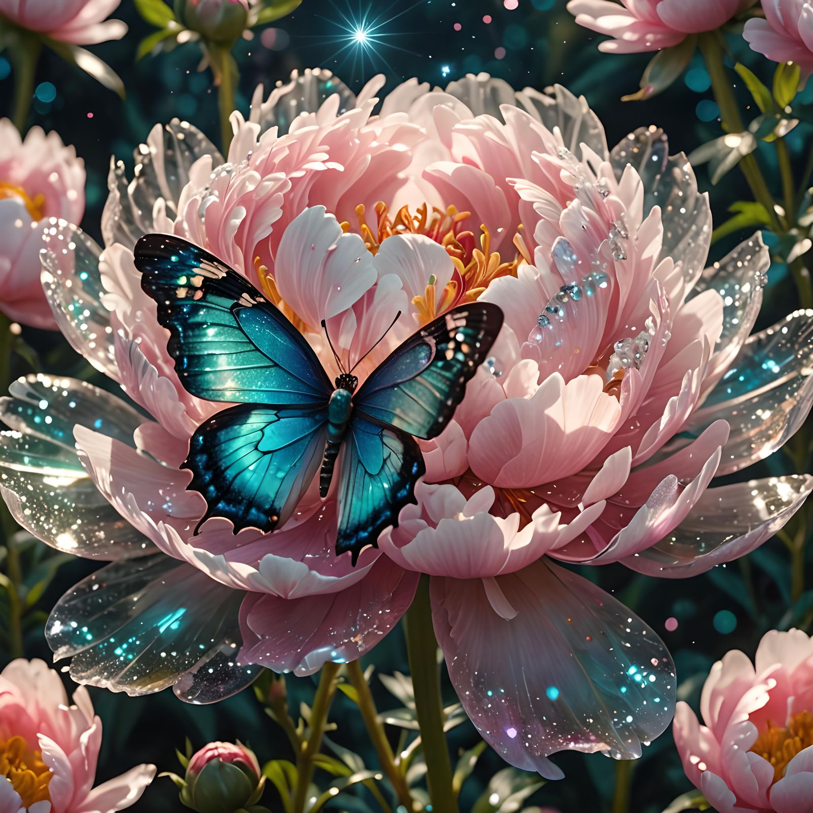 Crystal Peony with Butterfly in Enchanted Garden