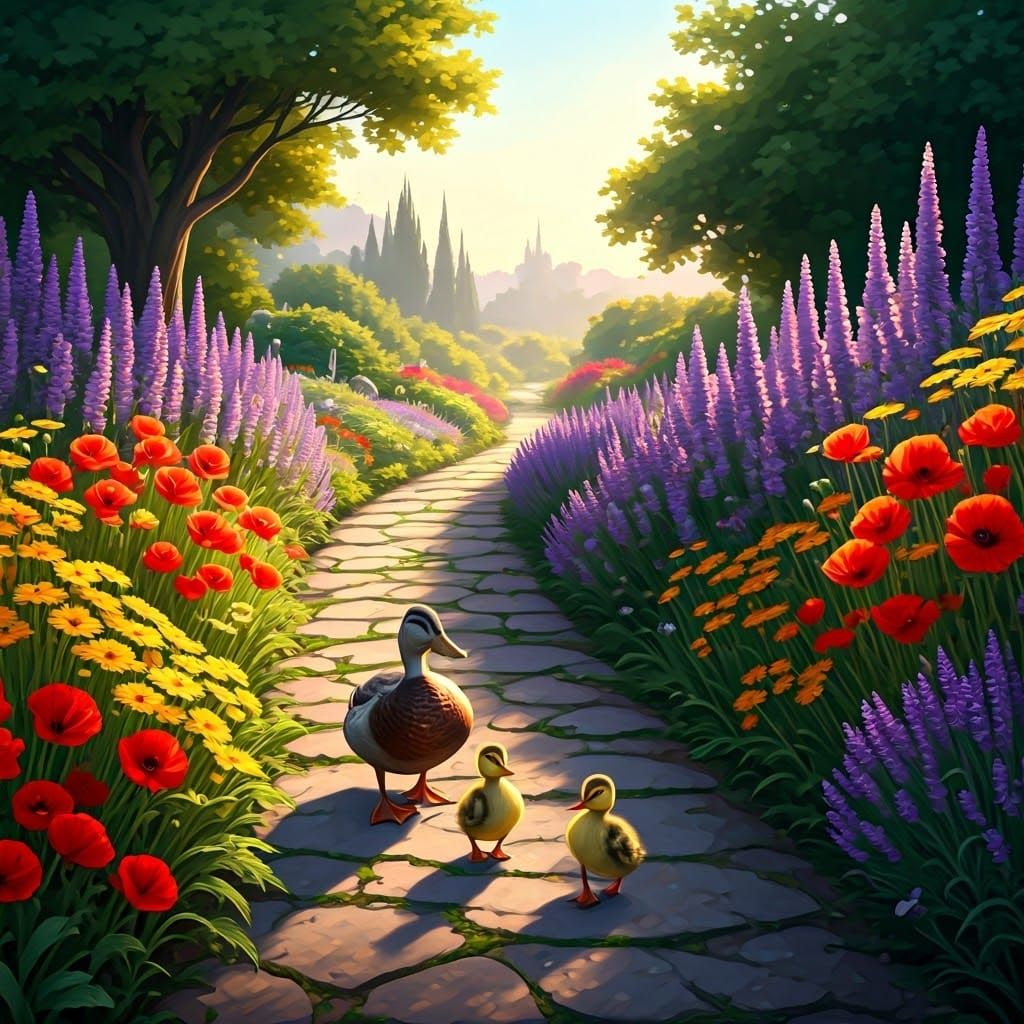 Duck Family Stroll in Sunrise Garden Oasis