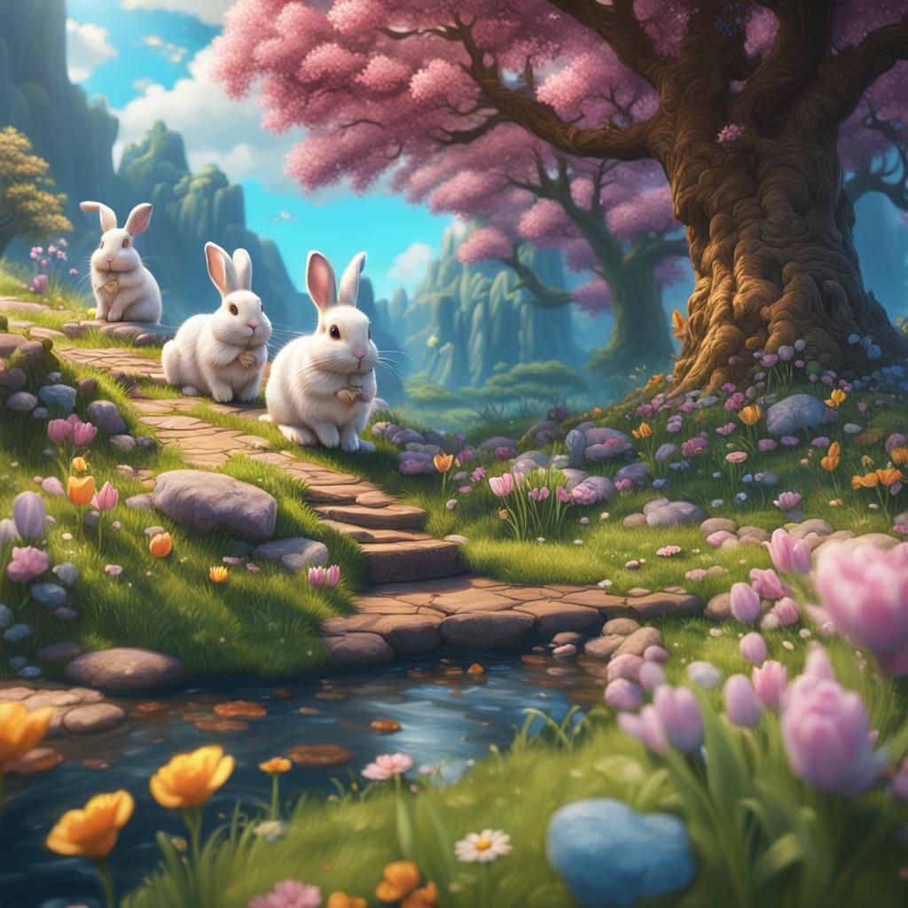 Spring Landscape with Bunnies: Detailed Fantasy Art