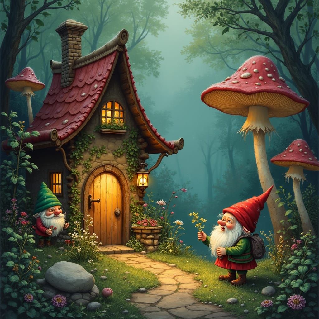 Gnome Cottage Amongst Giant Mushrooms, Painterly Style