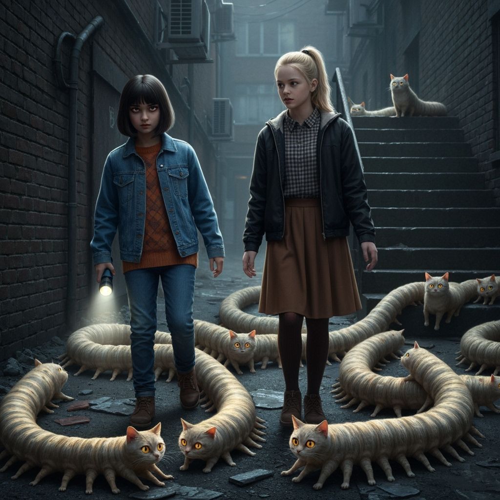 Girls Explore Alley with Many-Legged Cats in Cinematic Style