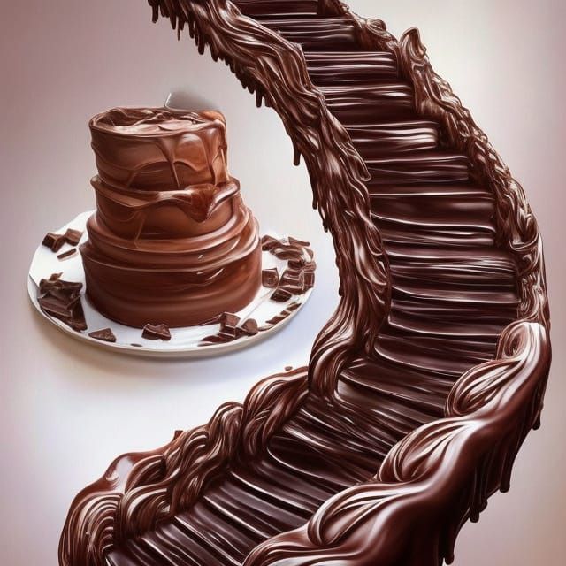 Melting Chocolate Staircase and Cake Figure, Digital Art