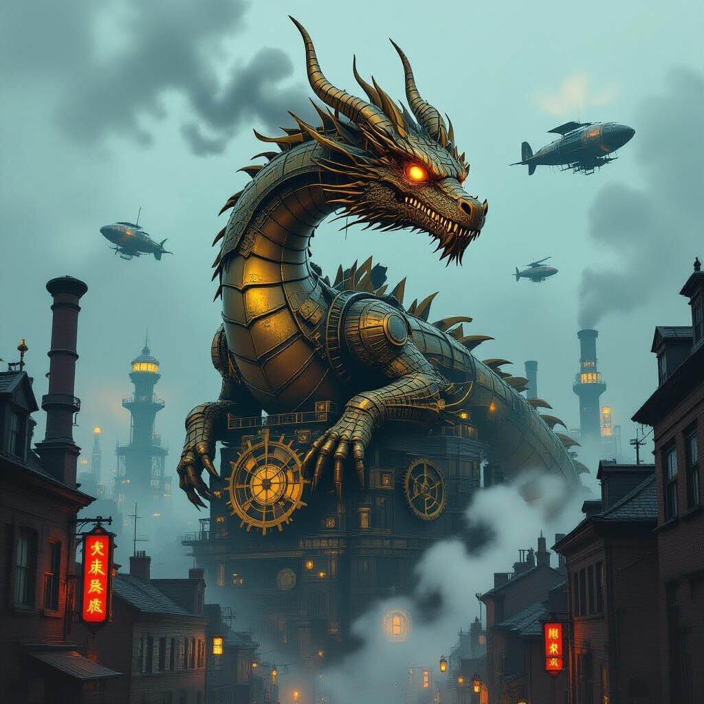 Brass Clockwork Dragon on Factory in Steampunk City