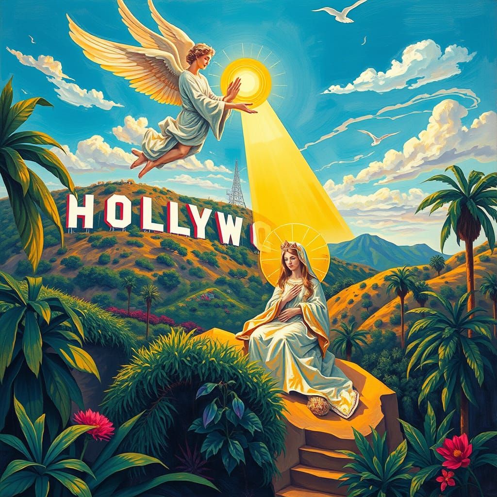 The Annunciation Amidst Hollywood Glamour in Gouache Impress...
