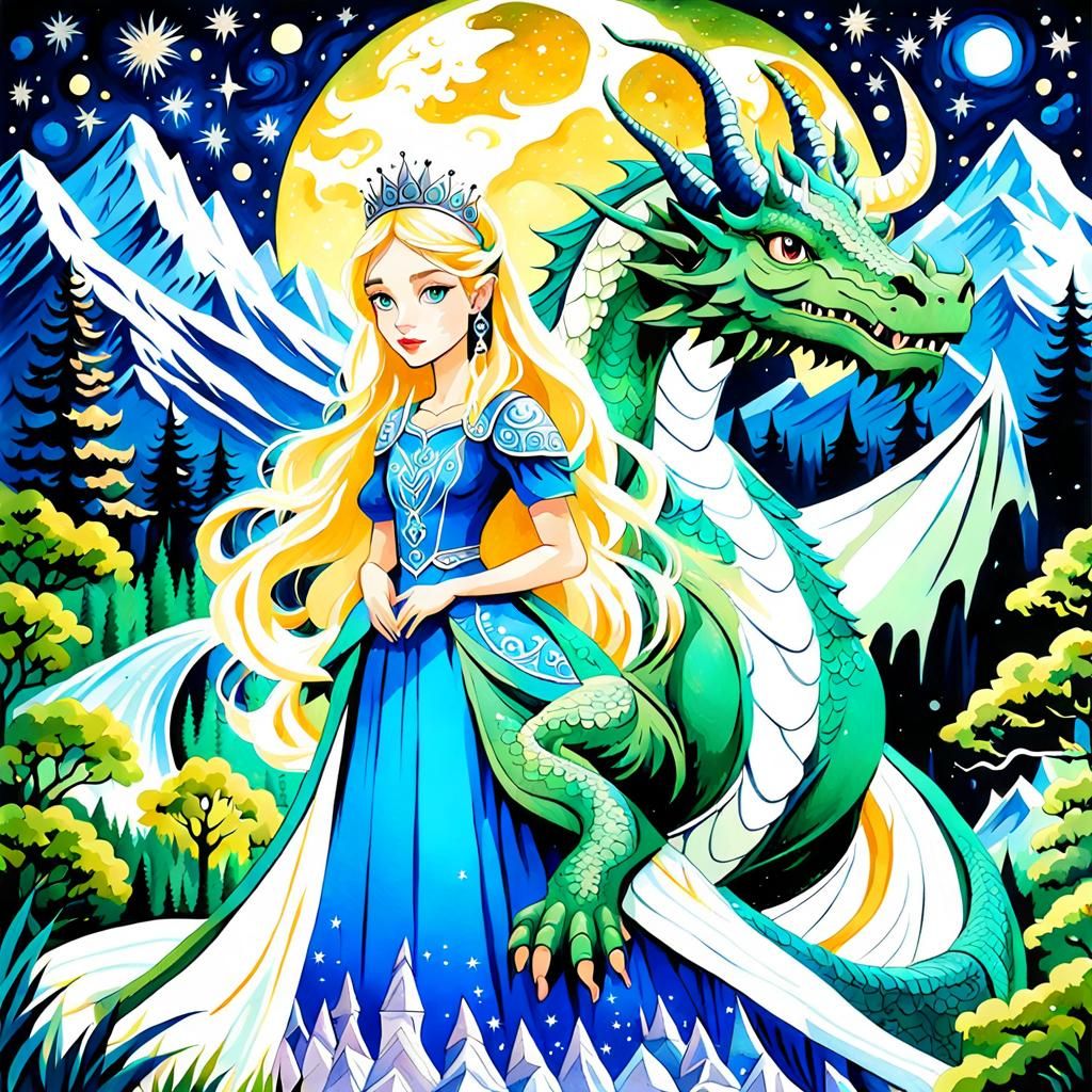 Princess and Dragon in Utopian Forest: Gouache Watercolor Ar...
