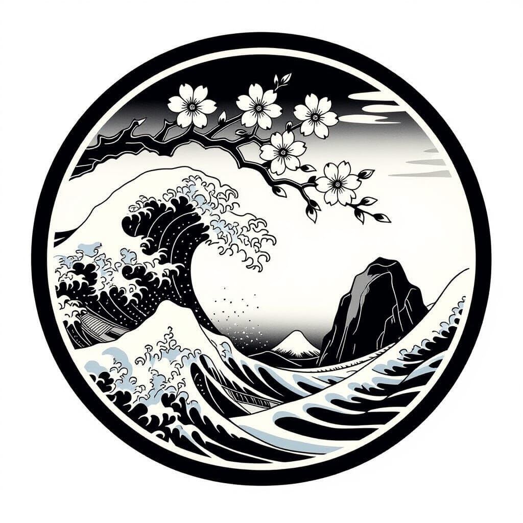 Traditional Japanese Family Crest with Waves and Cherry Blos...