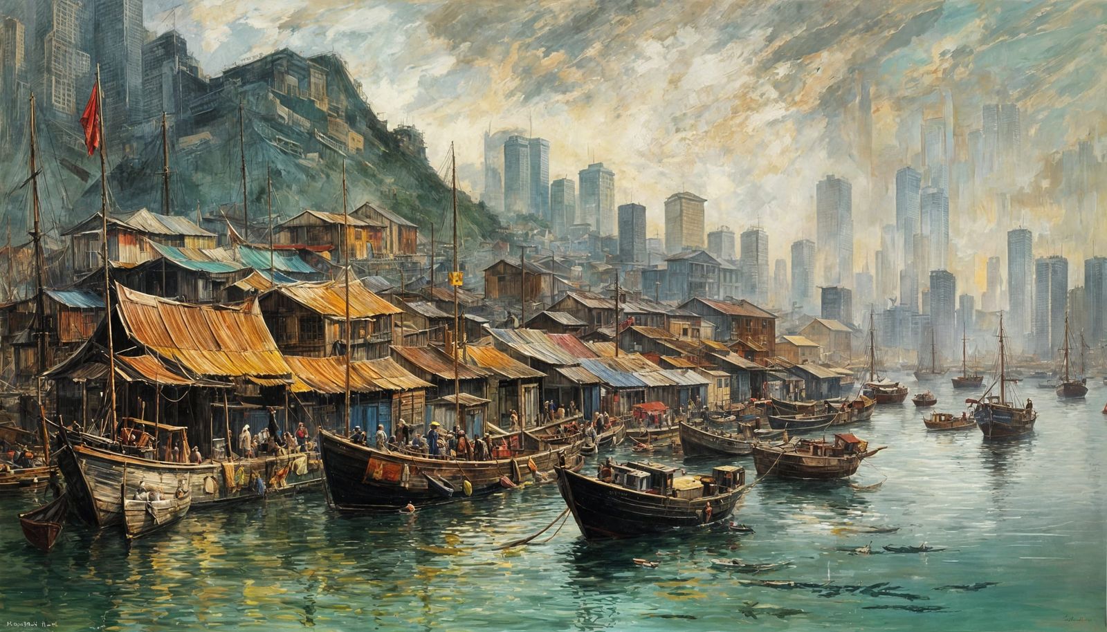Hong Kong Harbour Scene in 1900s Oil Painting Style