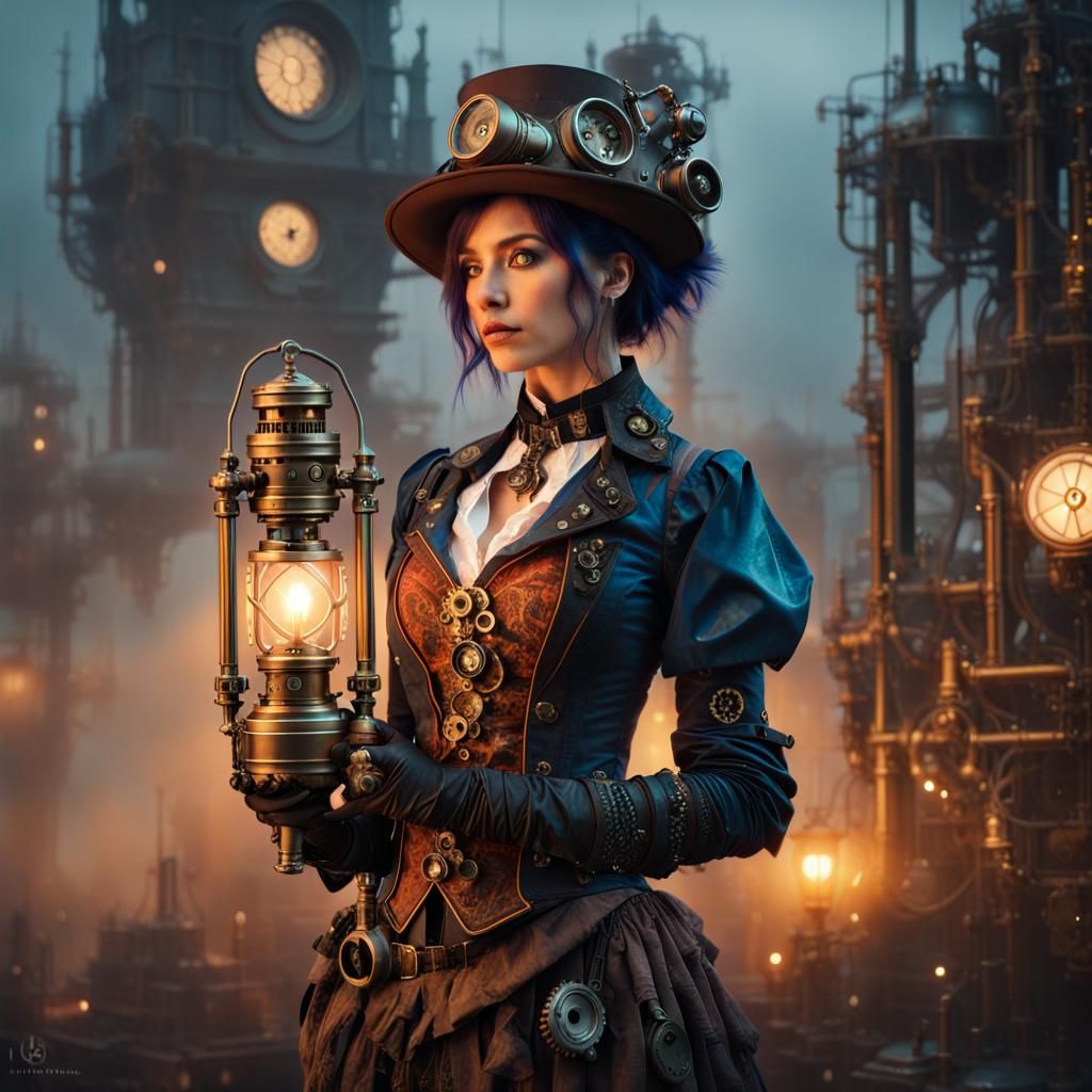 Steampunk Woman in Industrial Metropolis at Dusk