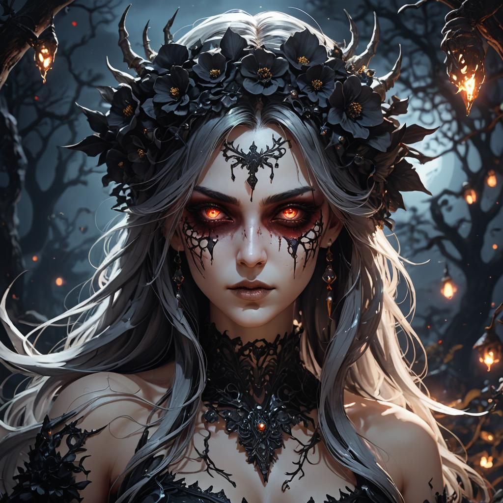 Anime Sorceress with Bleeding Eyes by Moonlight