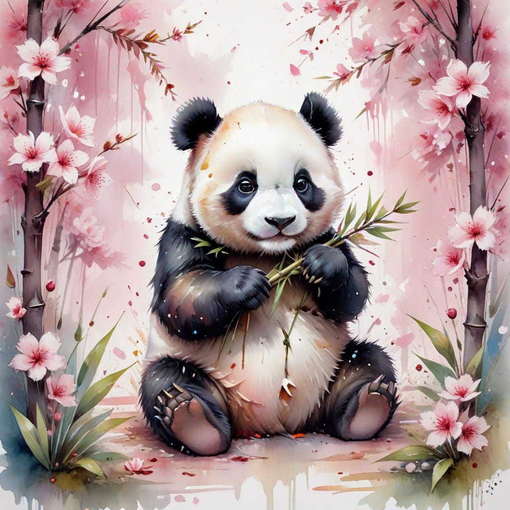 Chubby Panda with Bamboo in Kawaii Watercolor Style
