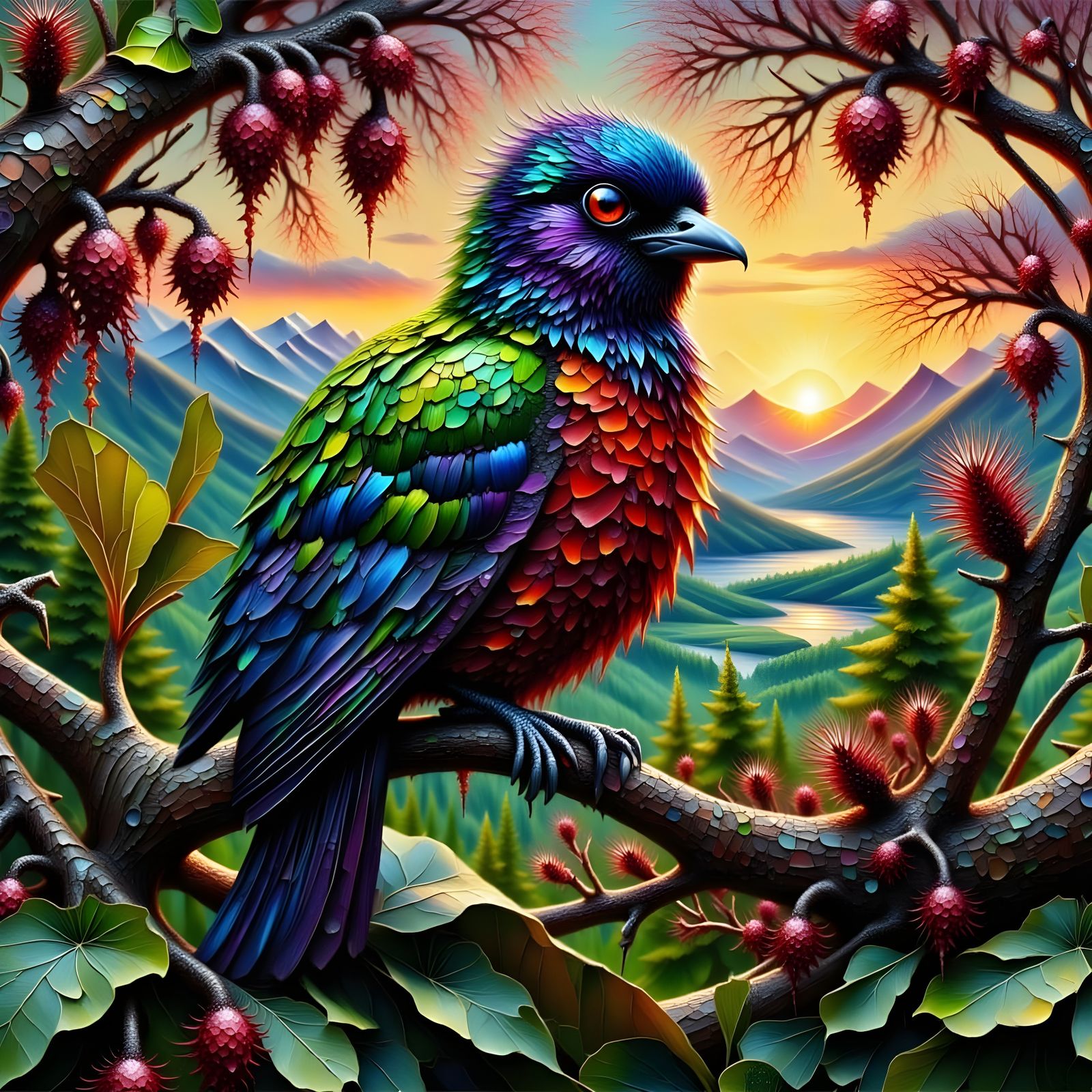 Impasto Bunting Bird in Sunrise Valley