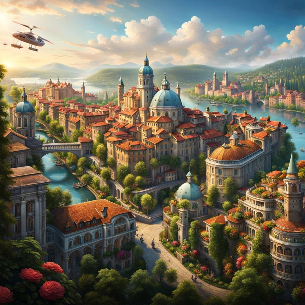 Renaissance Cityscape with Modern Elements, Digital Art