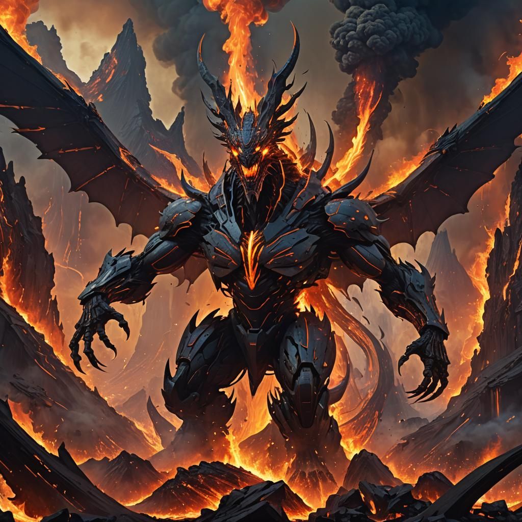 A huge black ancient dragon emerges out of a Volcano