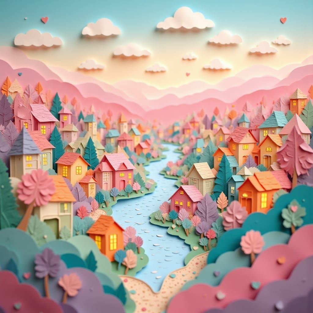Whimsical Paper Town in Pastel Hills